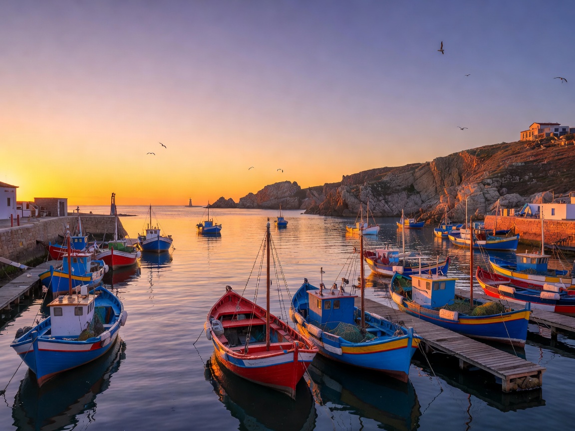 Fishing harbor with boats moored at sunset on Portugal Silver Coast