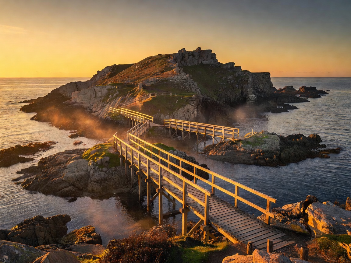 Golden evening sunset washing over isolated wooden footbridges and coastal cape