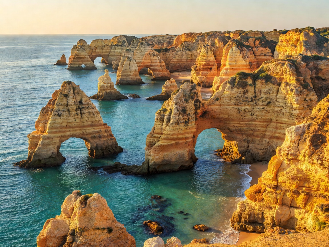 Golden sandstone cliffs and secluded sea arches along the southern Algarve coastline