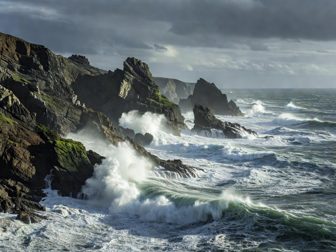 Rugged Atlantic ocean cliffs and waves crashing against Portugal coastal rocks