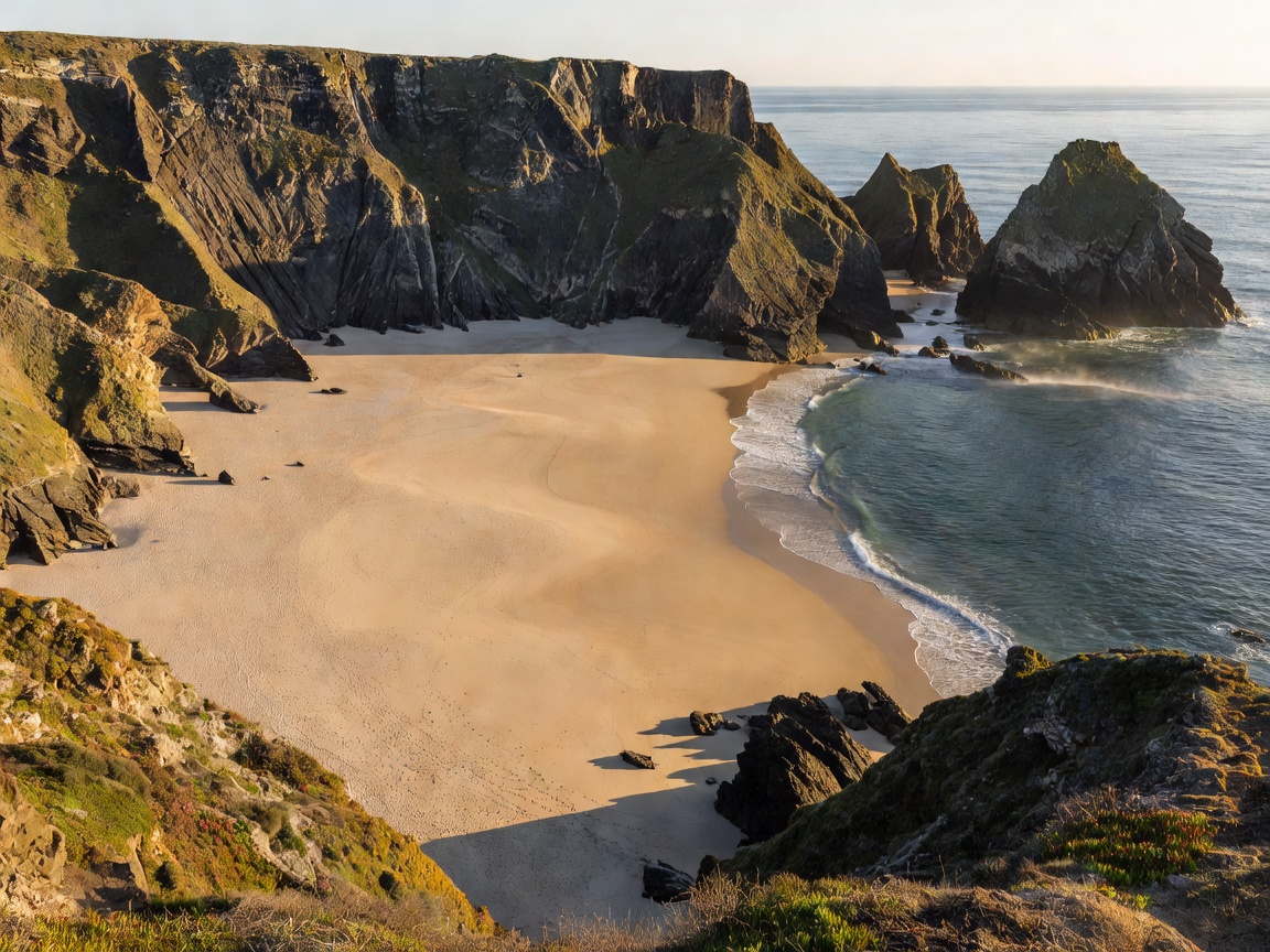 Vast sandy cove bordered by dark shale cliffs at Costa Vicentina